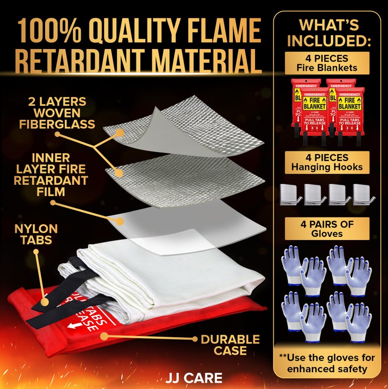 JJ CARE Fire Blanket â€“ 4 Packs with Hooks and Gloves â€“ 40â€ x 40â€ Fire Blankets Emergency for Home and Kitchen, High Heat Resistant and Flame Protection for Kitchen, Car, Office, Camping & Home Safety - Image 2